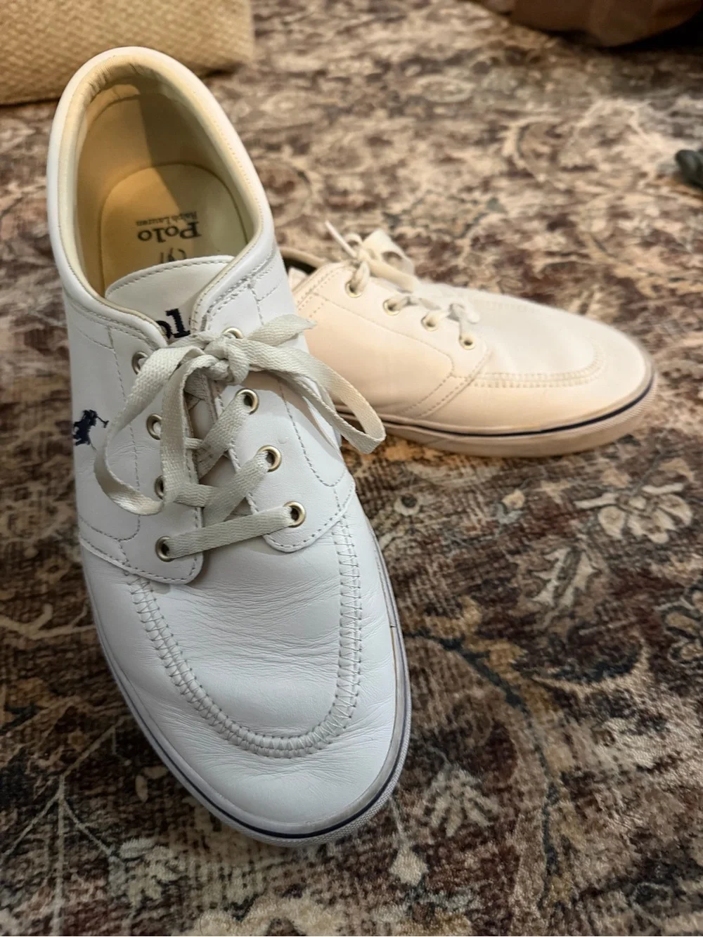 Polo by Ralph Lauren Men’s White leather Faxon X Sneakers with Navy Logo